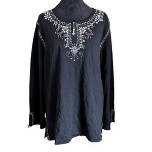 Quacker Factory Rhinestone Pearl Split-Neck Tunic Sweater Black, Plus 1X